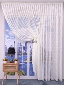 200x250  -Damask Desenli Kruvaze Tül Perde Boncuklu - Tek kanat Sağ