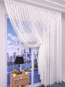 200x250  -Damask Desenli Kruvaze Tül Perde Boncuklu - Tek kanat Sağ