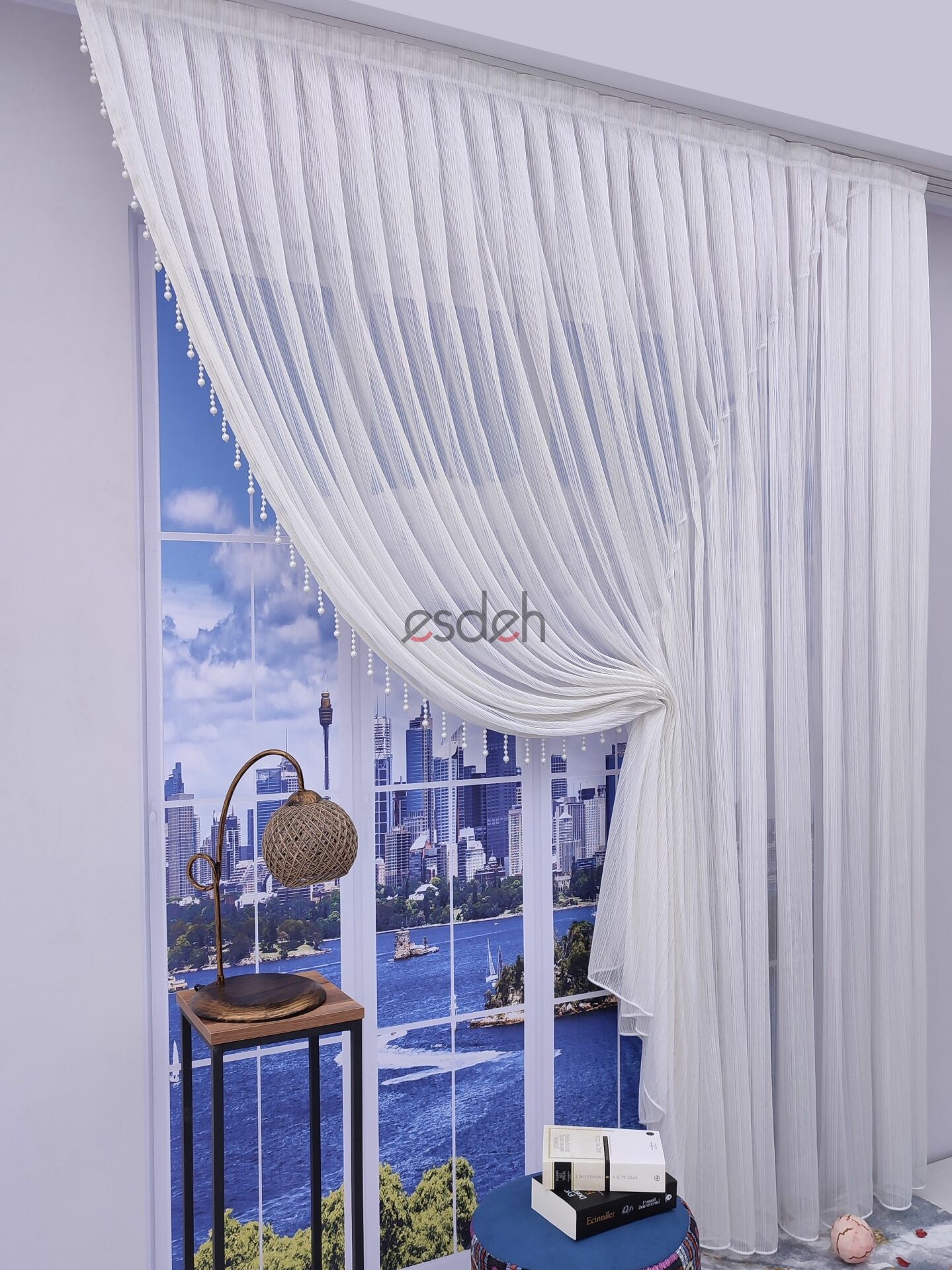 200x250  - Damask Desen Kruvaze Tül Perde Boncuklu - Tek kanat Sağ