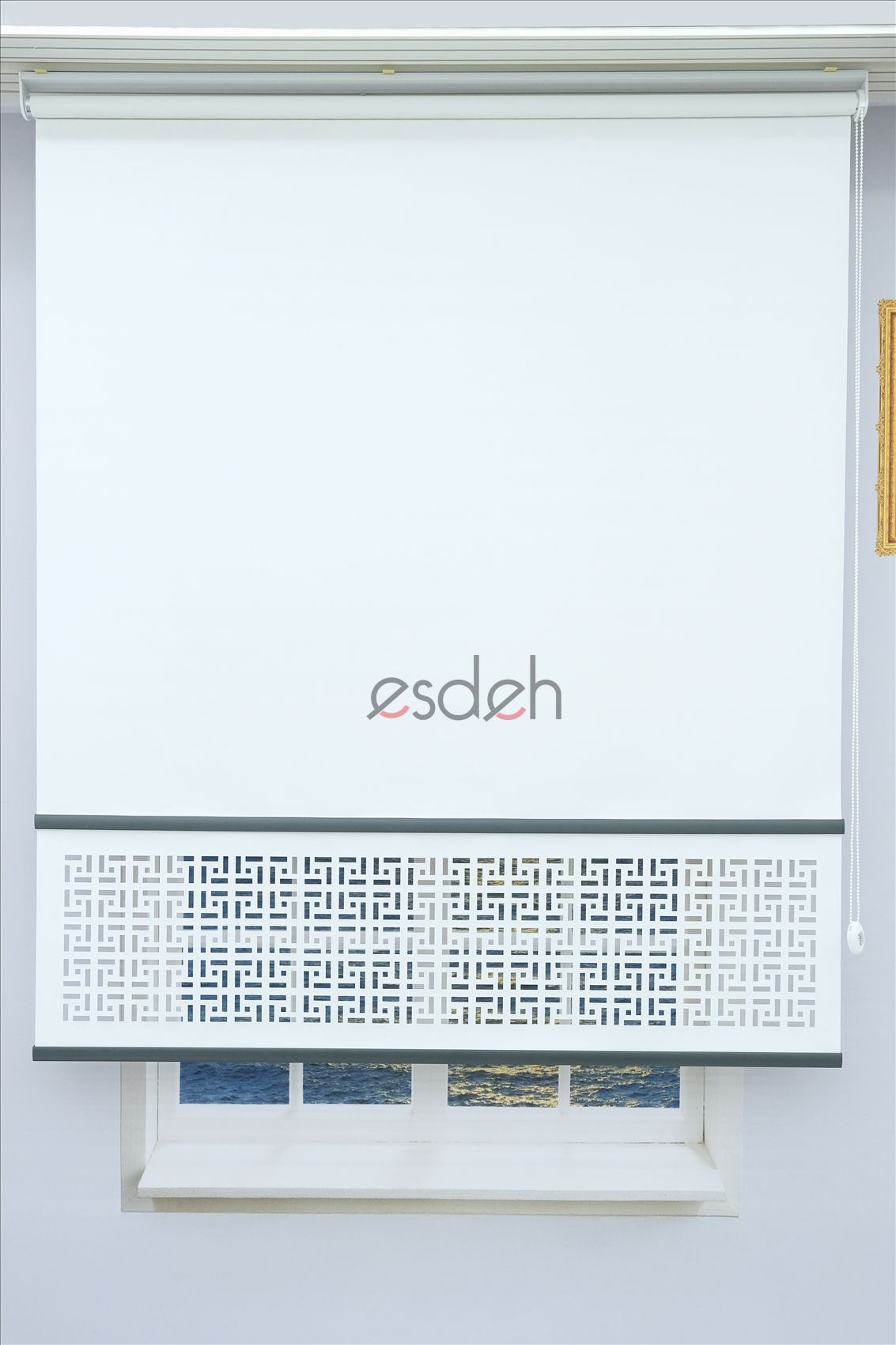 Kırık Beyaz Lazer Stor Perde - Antrasit Lama - Labirent Desenli - Orta Kalın Kumaş