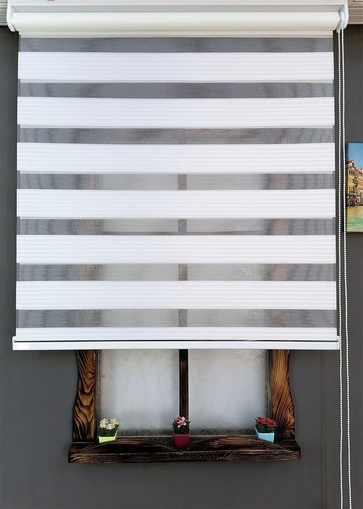 Geniş Piliseli Zebra Perde - Beyaz