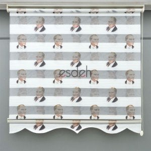 Atatürk Baskılı Zebra Perde - Beyaz Zemin